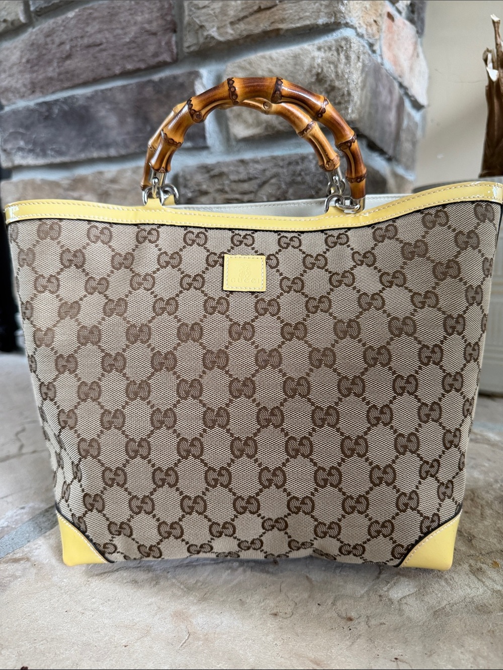 Gucci Beige GG Canvas Tote with Yellow Trim and Bamboo Top Handles